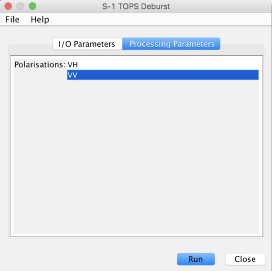 This image shows the S-1 TOPS Deburst window with the Processing Parameters tab