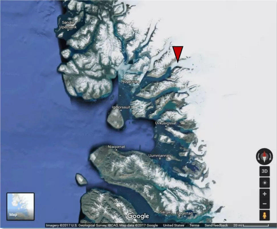 This image shows Rink Glacier in Google Maps