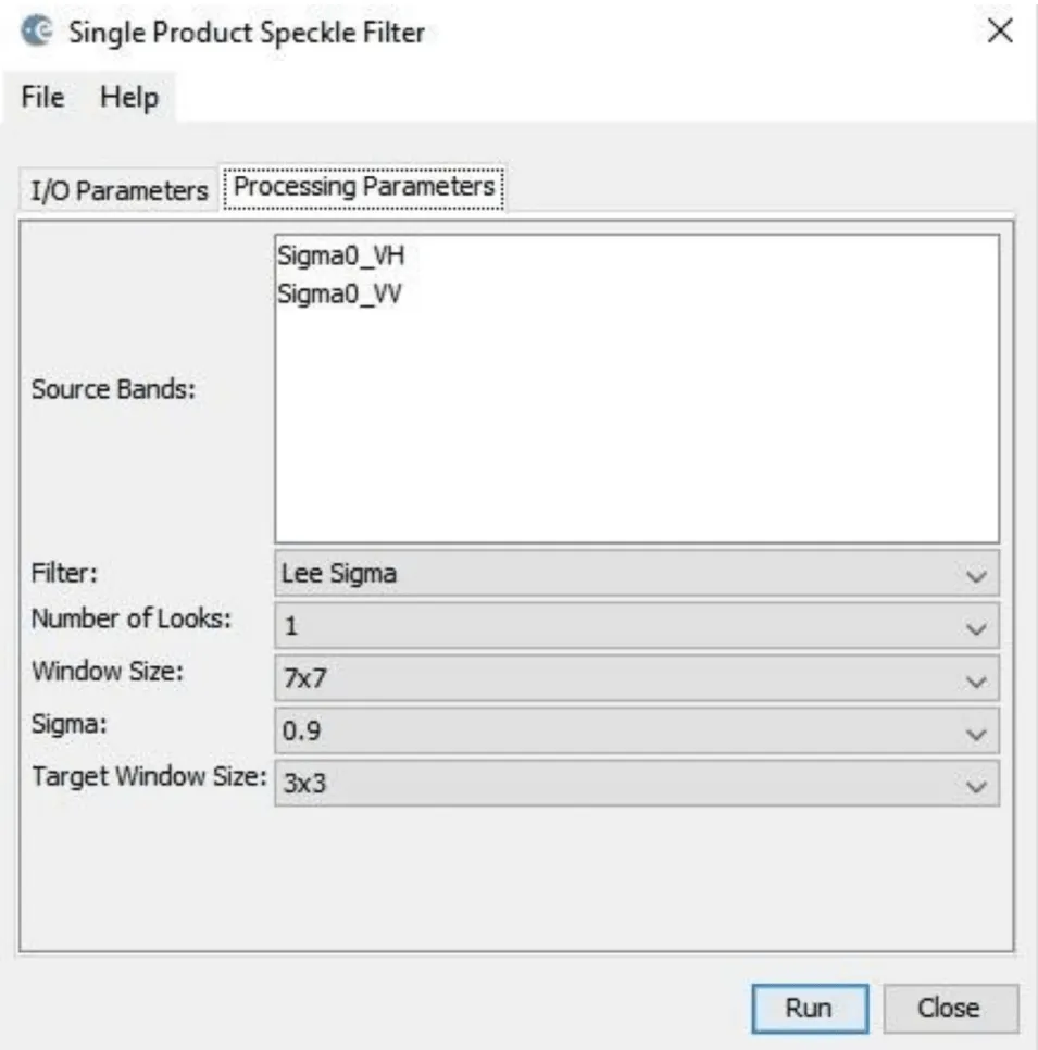This image shows the Speckle Filtering window