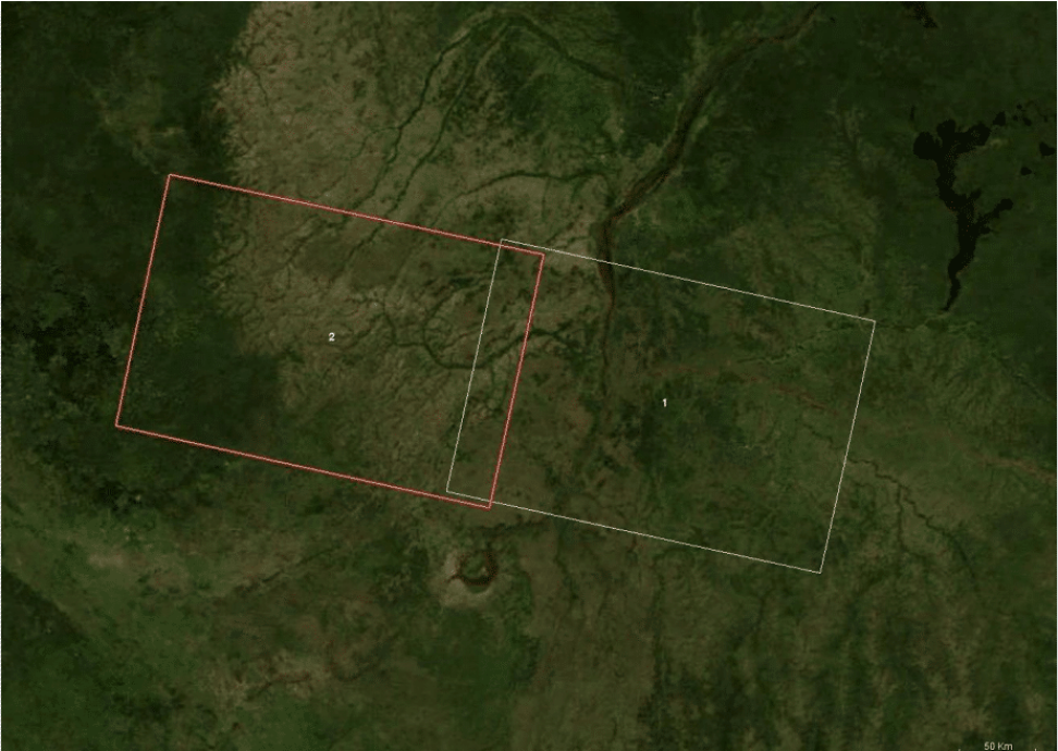 This image shows footprints in the Sentinel-1 Toolbox World View of products in two adjacent paths.