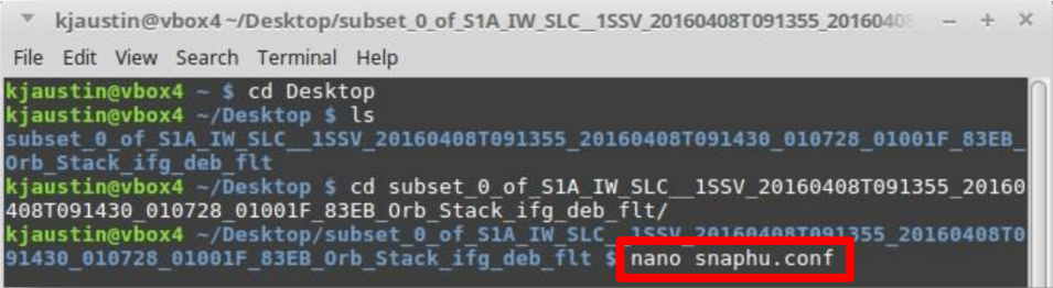 Using the Command terminal to open the snaphu.conf File.