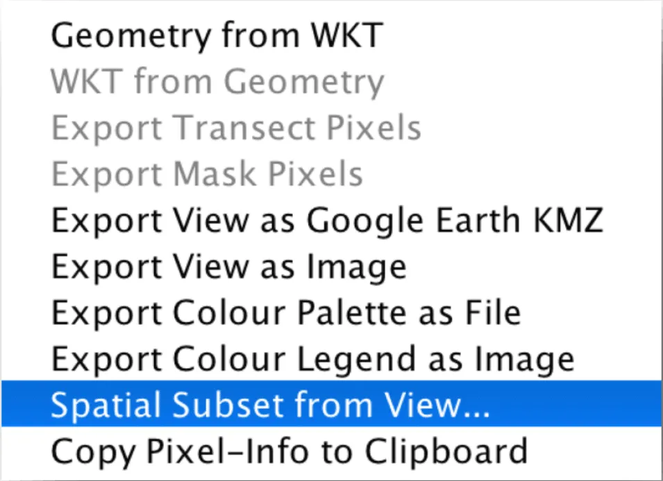 This image shows the context menu over area of interest with Spatial Subset from View selected.