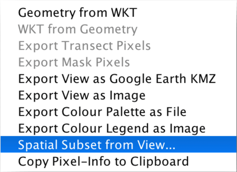 Context menu over area of interest with Spatial Subset from View selected.