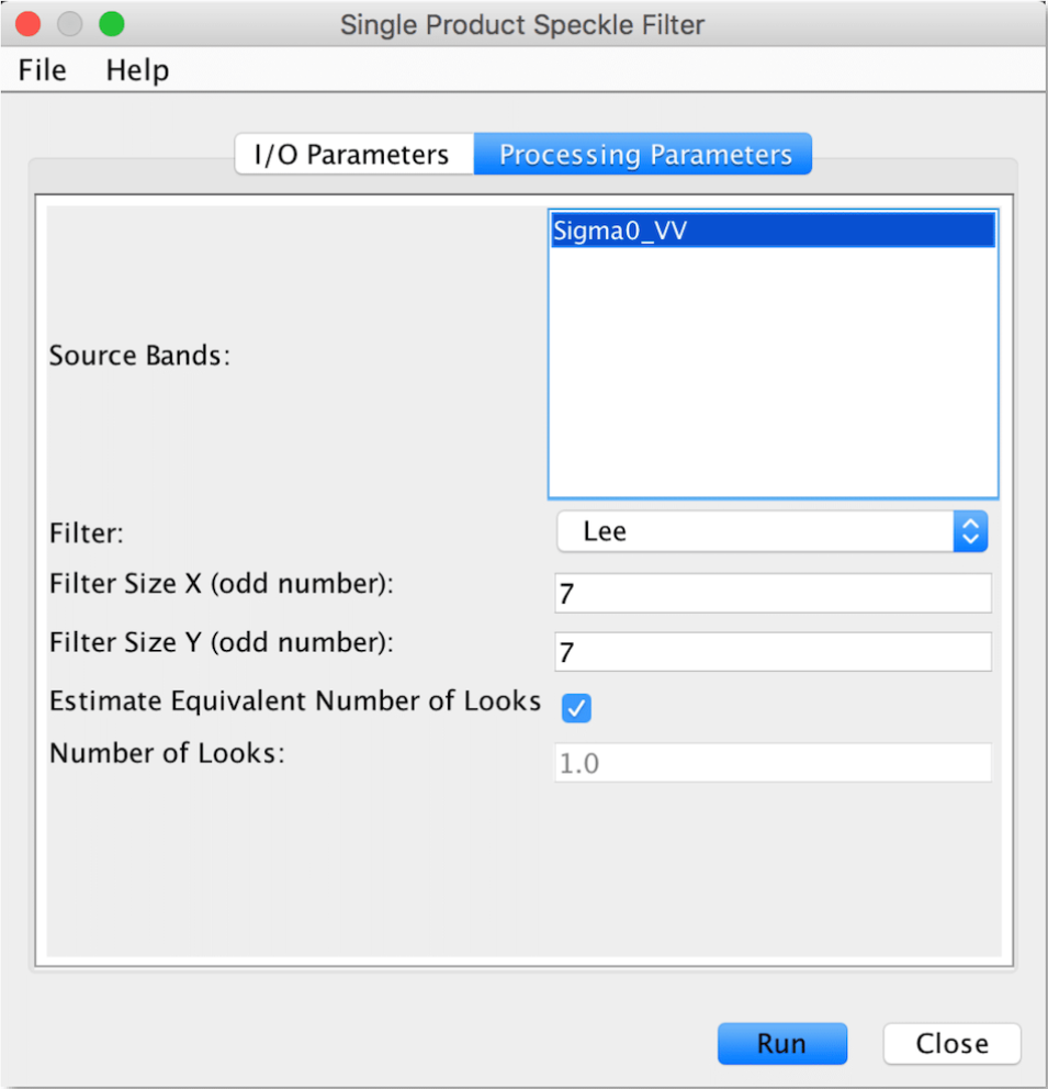 Screenshot of speckle filter dialog box