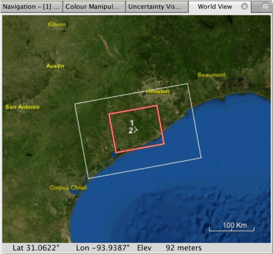 Map of Texas coast with boxes around Houston area