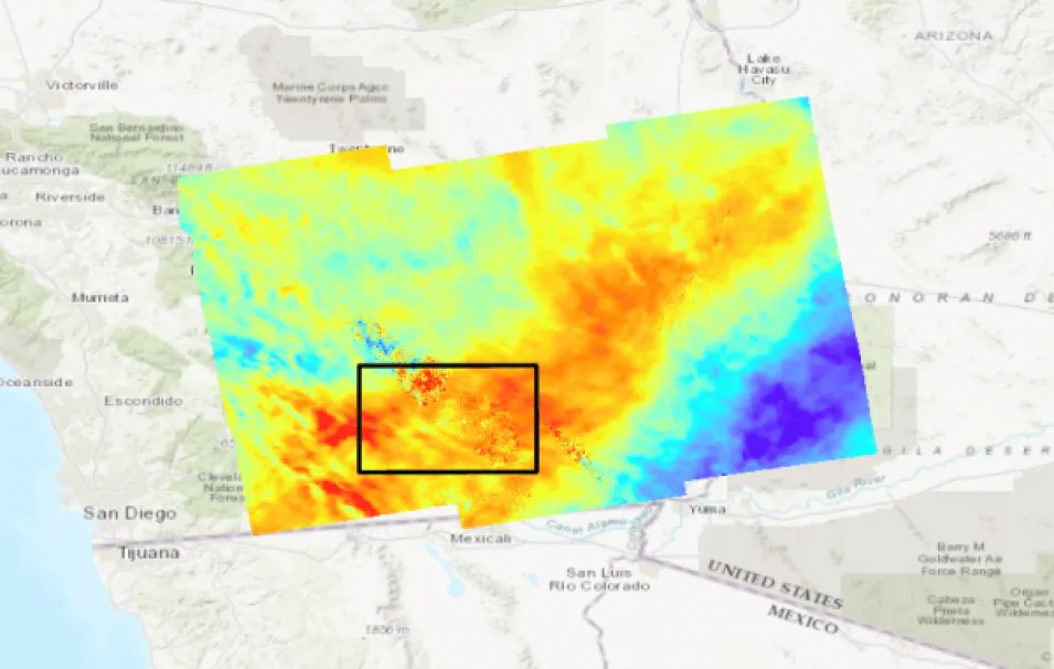 This image shows the spatial extent of an Sentinel-1 InSAR granule (Unwrapped Phase shown in color) and the area of interest used in this exercise (black box). Credit for color image: Sentinel-1 Interferogram (Unwrapped Phase). JPL ARIA 2020, contains modified Copernicus Sentinel data 2020, processed by ESA. 