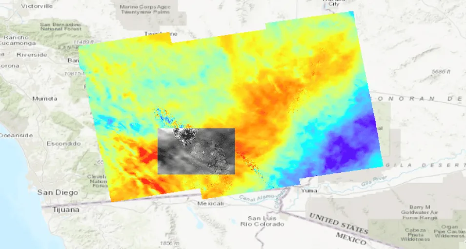 This image shows a subsetted Unwrapped Phase Sentinel-1 InSAR product (black & white) layered on the original Sentinel-1 InSAR Unwrapped Phase product (color)