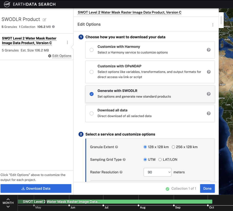 Screenshot showing the SWODLR interface in Earthdata Search