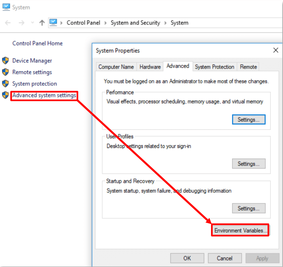 This image shows Advanced System Settings > System Properties Dialog
