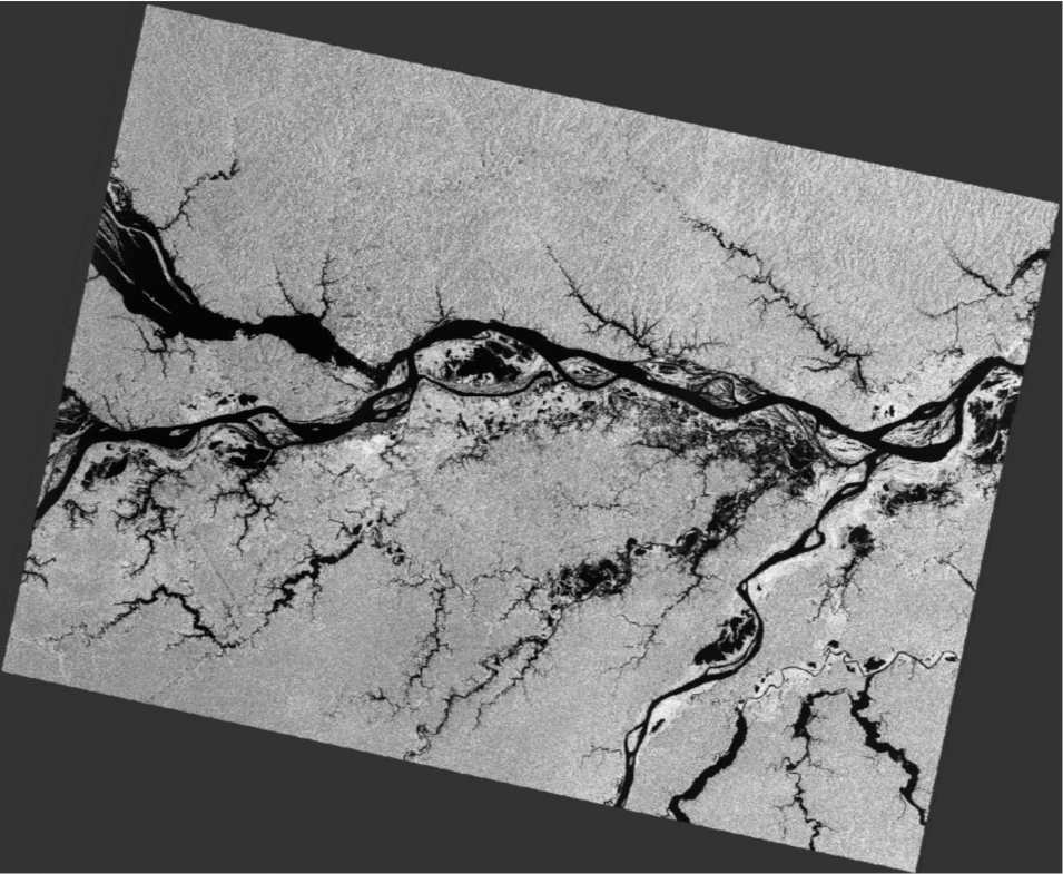 This image shows the terrain-corrected and speckle-filtered product