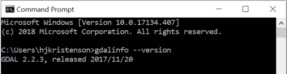 Image shows Testing GDAL installation in Command Prompt