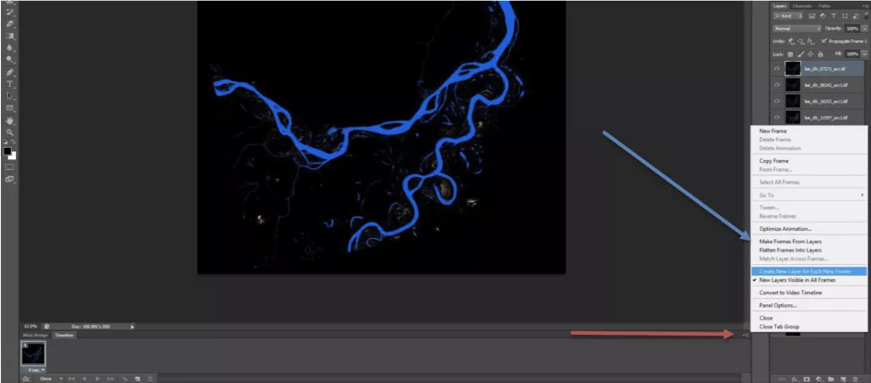 This image shows the location of the timeline menu (red arrow) and "Make Frames From Layer" (blue arrow) in Photoshop.