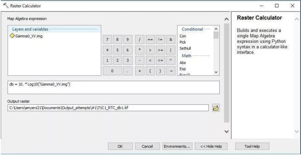 This image shows the Raster Calculator set-up for dB conversion