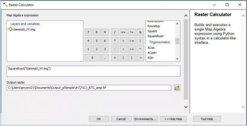 This image shows the Raster Calculator set-up for amplitude conversion