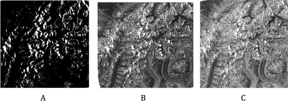 A portion of the Alaska Range in Denali National Park in (A) RTC Gamma0 Image, (B) Amplitude Image, (C) dB Power Image. Credit: ASF DAAC 2016; Includes Material ©JAXA/METI 2006.