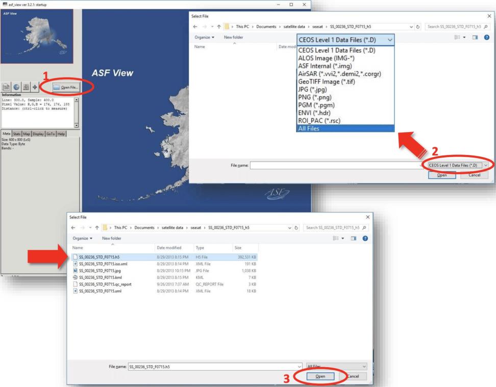 Navigate ASF View to see the HDF5-format Seasat granule.