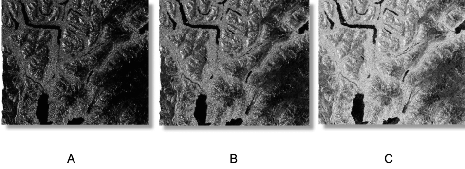 Portion of the Chugach Mountains, including Resurrection Bay and Kenai Lake, Alaska. ALOS PALSAR RTC images in (A) gamma0, (B) amplitude, (C) dB.