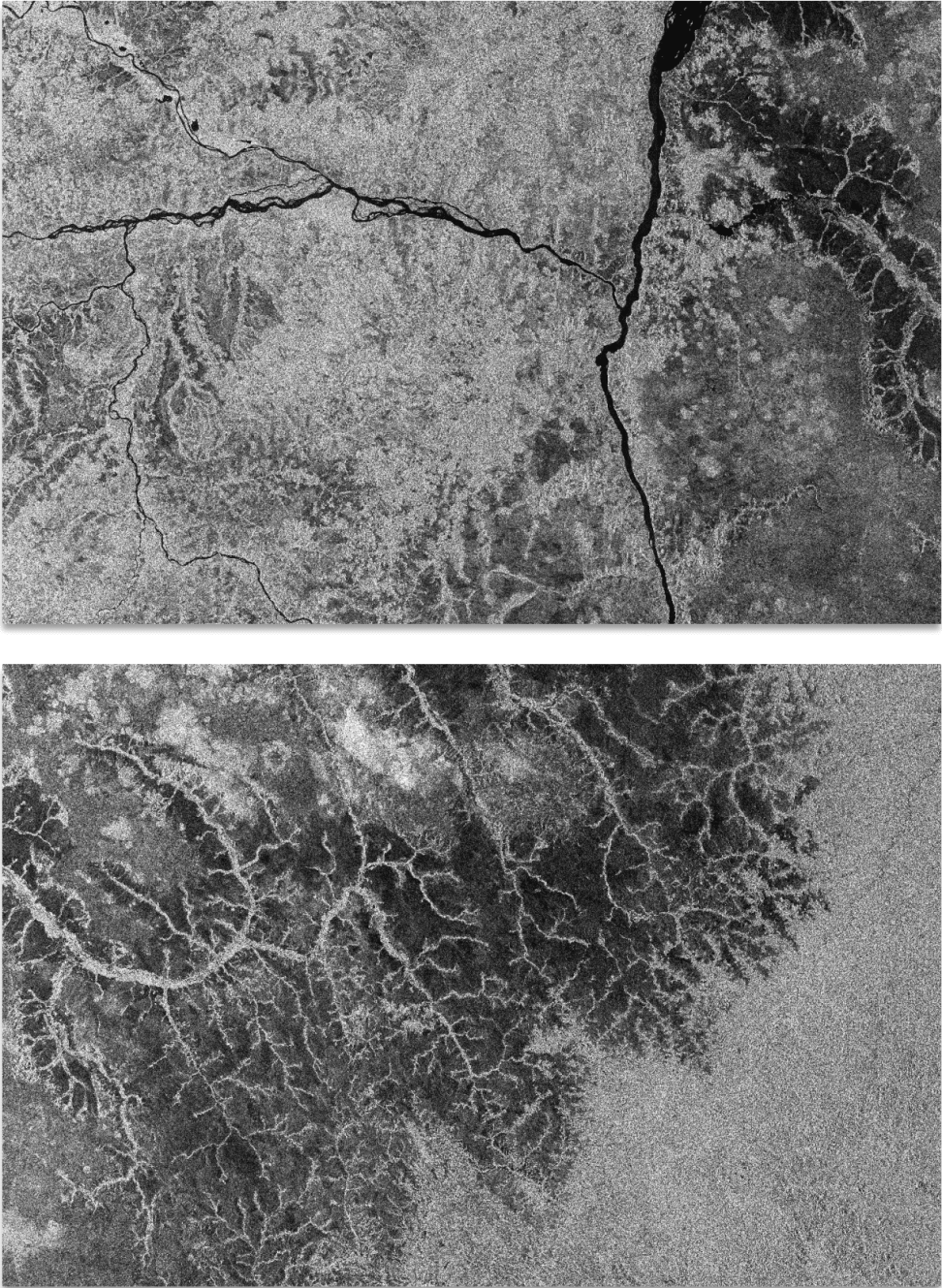 This image shows the Amplitude_VH bands of the western frame (bottom) and eastern frame (top)
