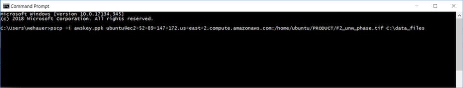 screenshot of Windows command prompt — copy a file into your EC2 instance.