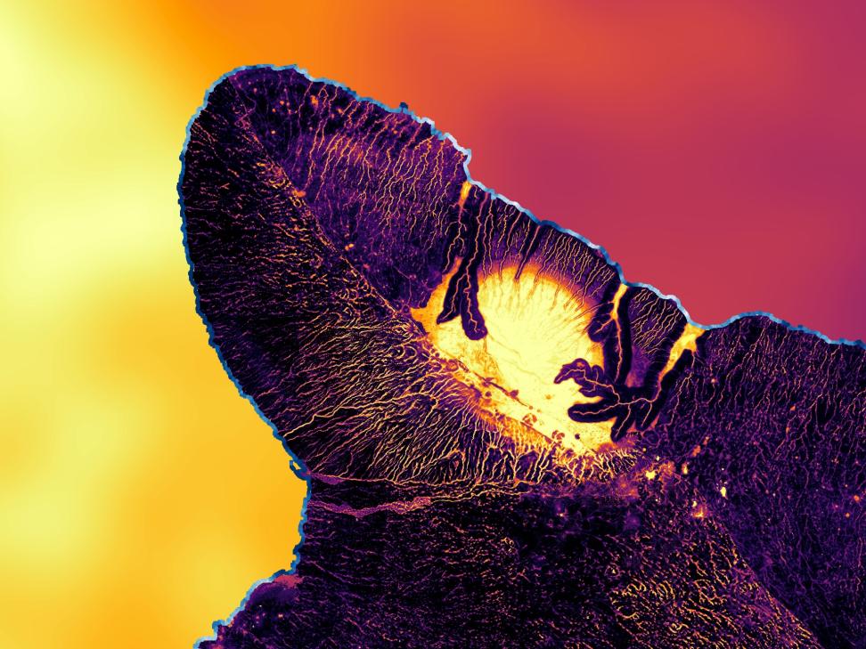 Against a bright yellow and orange background, a dark shape with a glowing light-yellow center dominates the center of this data visualization of Hawaii climate.