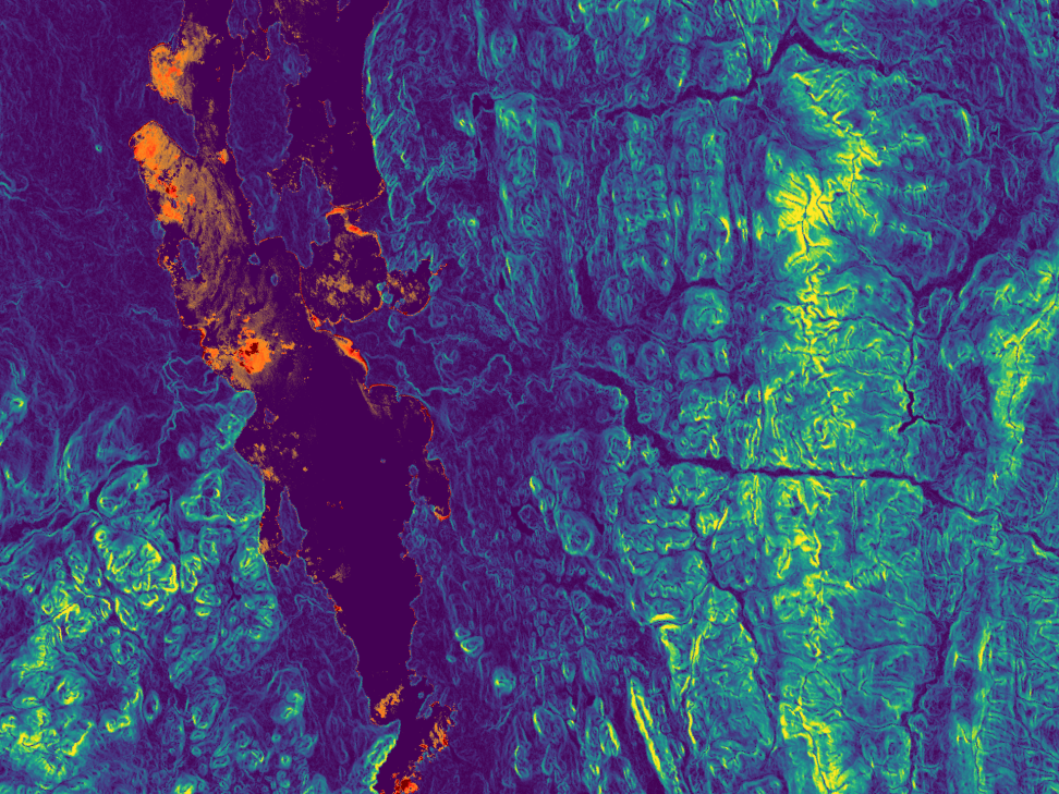 A data visualization of Lake Champlain shows a swirl of dark blues, light greens, and oranges that indicate various turbidity and slope level data points.