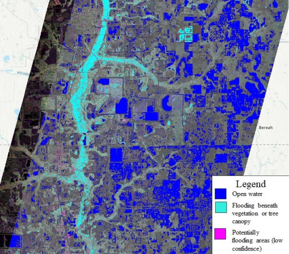 A map of Central Florida is shaded in various blues to indicate effects of Hurricane Milton in 2024, with dark blue areas indicating open water, light blue areas indicating flooding, and pink indicating flood risk.