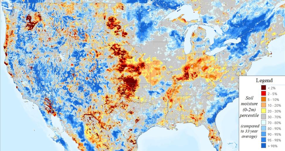 A map if the United States is overlaid with blues, oranges, and reds indicating relative soil moisture, with the highest concentration of red--indicating dry soil--appearing in the central part of the country.