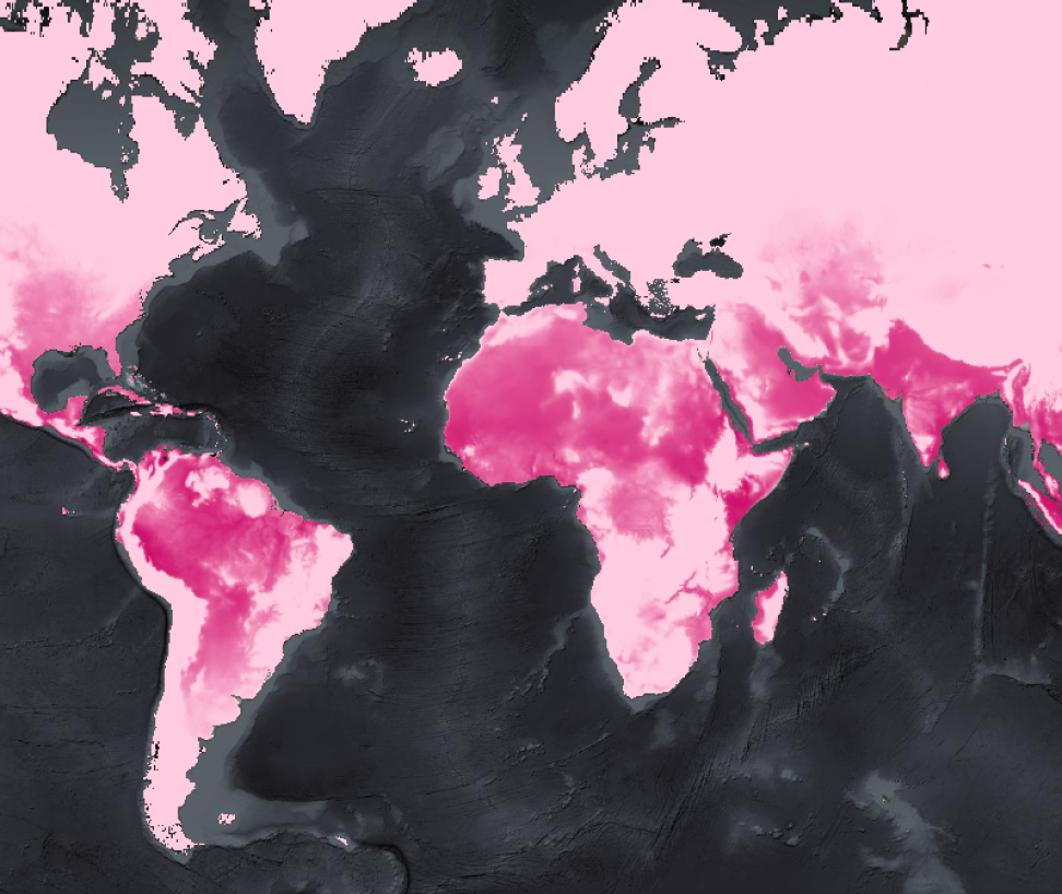 A partial world map shows land masses in shades of pink, with darker shades indicating higher heat estimates. Parts of South America and Africa are darkest pink.