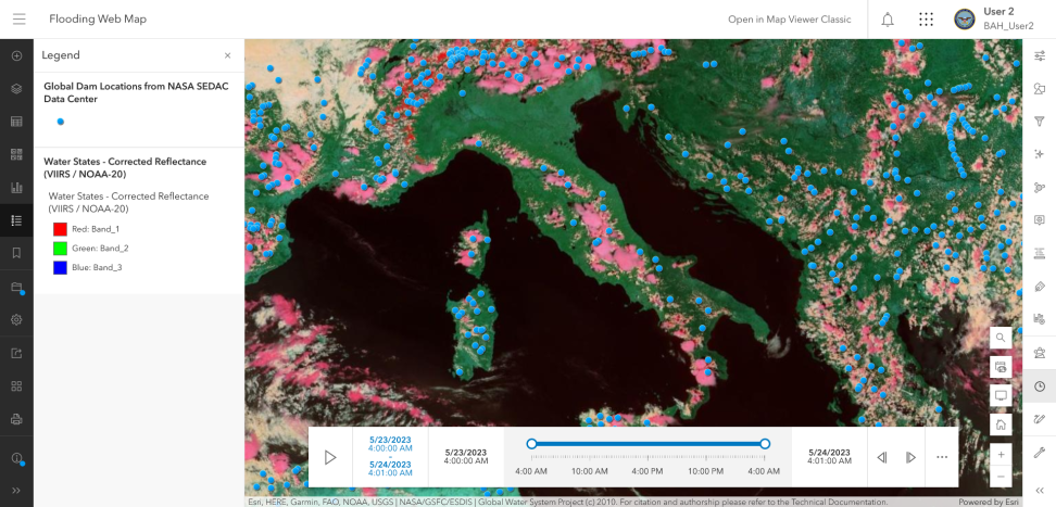 A visualization of Italy shows land in green and flooding in shades of pink.
