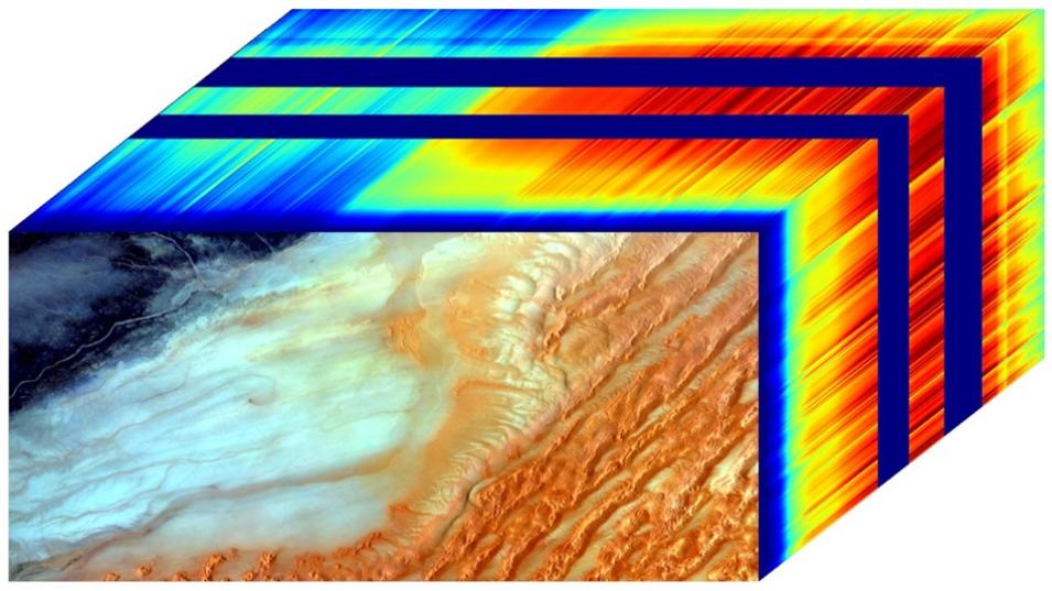 This EMIT image shows At-Sensor Calibrated Radiance RGB  (bands 36, 22, 10) and data cube showcasing spectral signatures of the data from the EMITL1BRAD product over Libya, Africa on August 17, 2022.