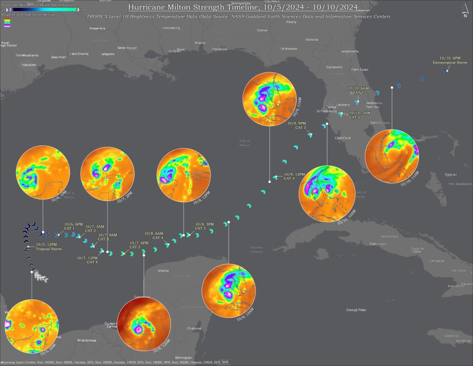A map is overlaid with the Hurricane Milton storm path from South America to the West Coast of Florida through the Gulf of Mexico, with the hurricane path marked by circles, each displaying imagery showing hurricane strength.