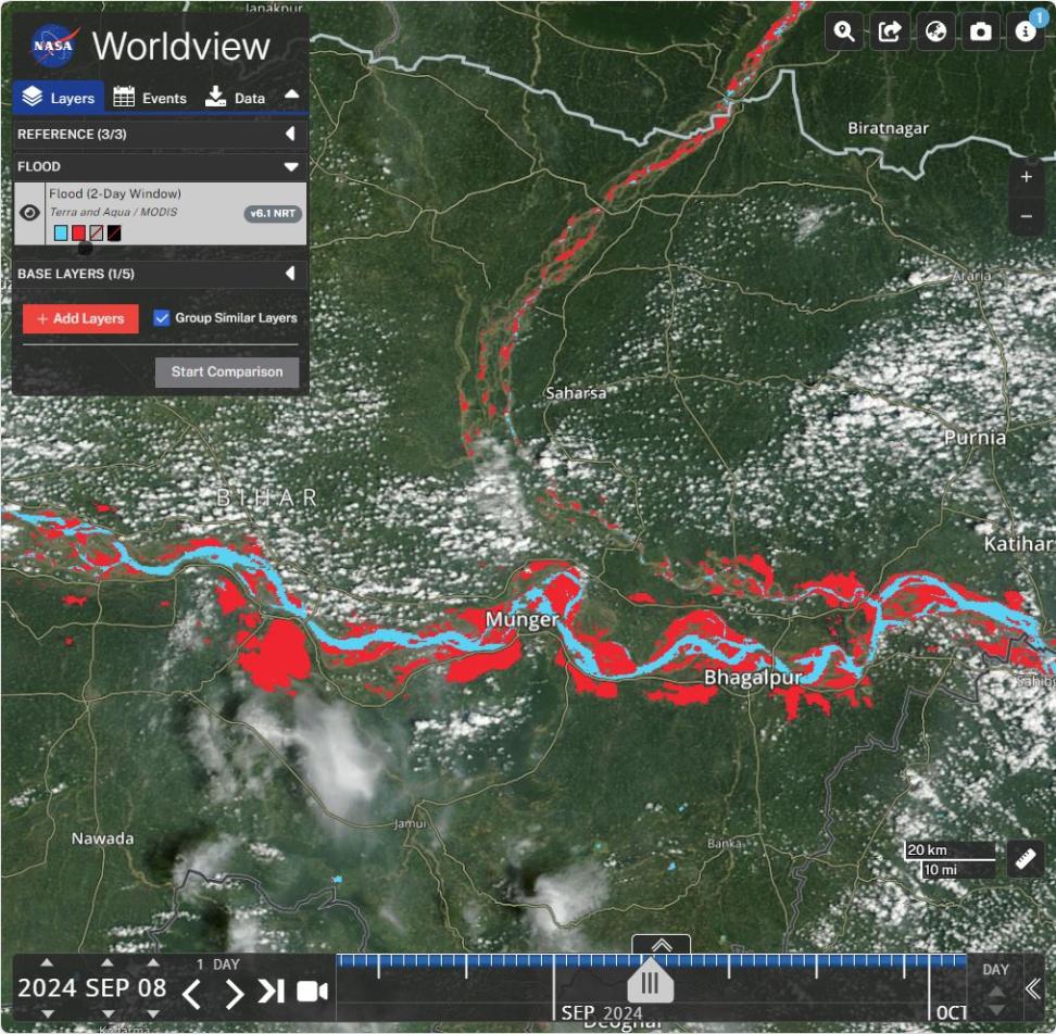 A map of the Ganges River is shaded in red to indicate areas of flooding.