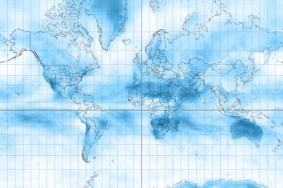 A world map is overlaid with swirling shades of blue indicating average cloud cover, with darker saturations indicating higher cloud cover.