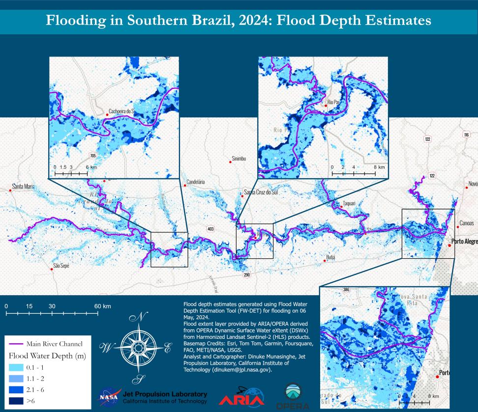 A map of Porto Alegre, Brazil, has two breakout boxes showing areas saturated in shades of blue to indicate flood depth estimates.