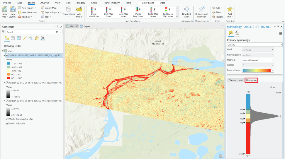 Screenshot of a data processing program showing a visualization of the Yukon River shaded in red against land shaded in yellow.