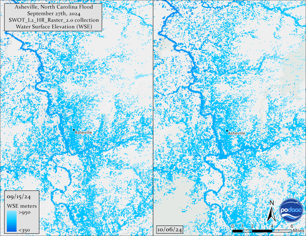 Two side-by-side panels show swirling patterns of light blue and white representing the effect of flooding in Asheville, NC