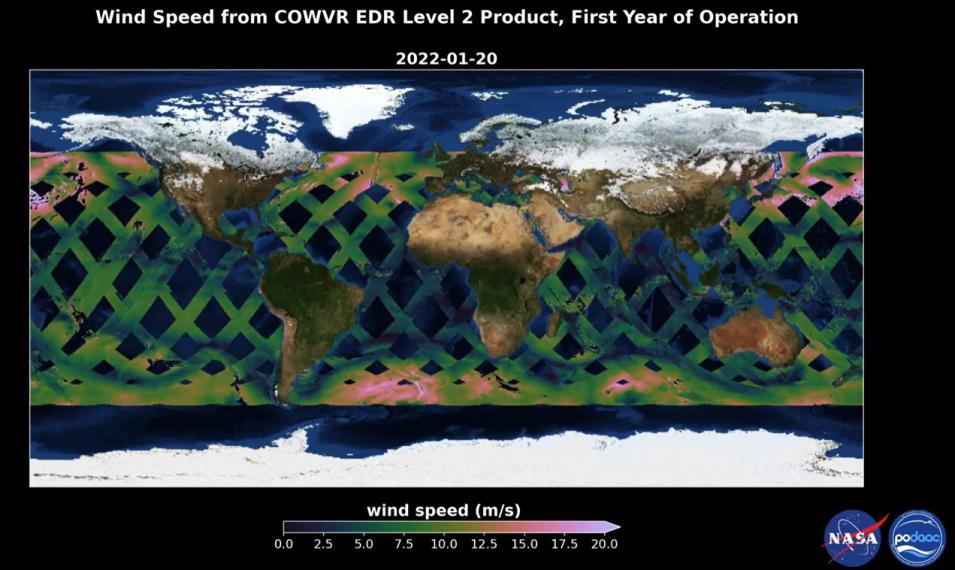 This graphic shows global daily wind speed measurements, in meters per second, from the Compact Ocean Wind Vector Radiometer (COWVR) instrument during its first year of operation. Darker colors (e.g., purple, blue, and green) denote slower wind speeds while brighter colors (e.g., pink and white) show the location of faster windspeeds.