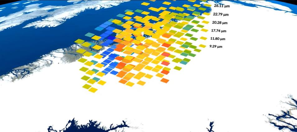 This visualization shows brightness temperature data -- the intensity of infrared emissions -- over Greenland. Here, the data area presented as different colored squares, over a map of Greenland. The data are from one of the two CubeSats in the PREFIRE mission. Red represents more intense emissions; blue indicates lower intensities. 