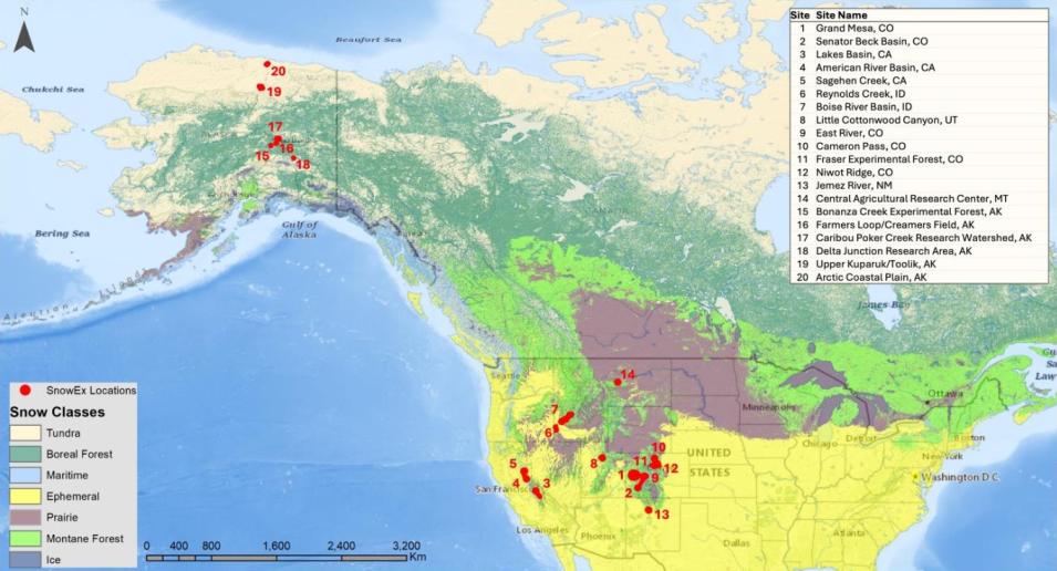 This map of (most of) North America shows the locations of SnowEx field campaign locations in the contiguous United States and Alaska. The map also provides a legend on the left with snow classes and a legend on the right with site names.