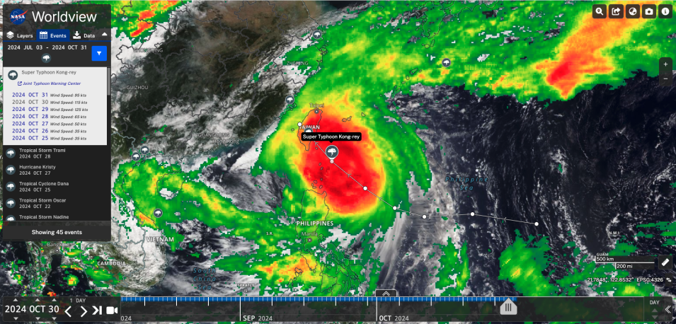 A screenshot of the Worldview app shows an image of Super Typhoon Kong-rey approaching Taiwan, with the center of the storm shaded in bright red and the outer arms of the storm shaded in green and yellow.