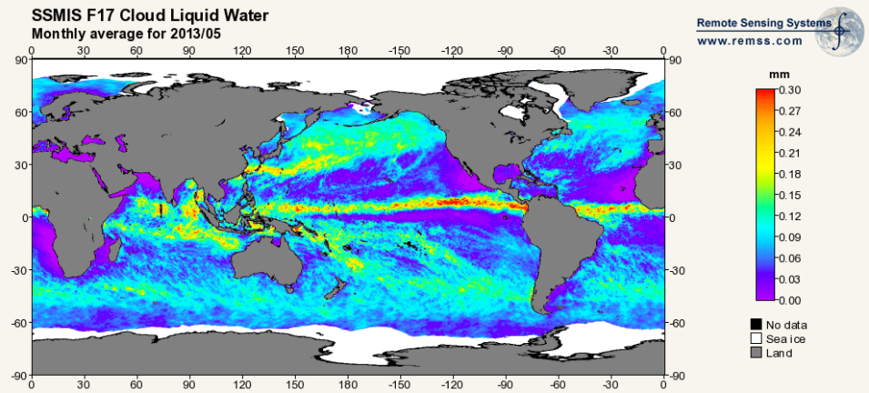 Visualization of cloud liquid water distribution across Earth in May 2013