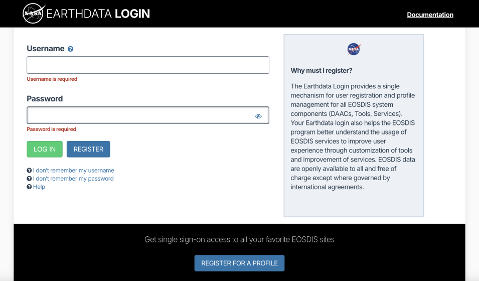 Screenshot of the Earthdata Login home page showing fields for user name and password.