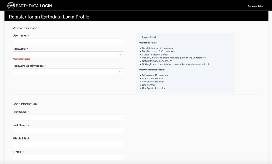 Screenshot of the Earthdata Login registration page, with fields for username, password, and user information.