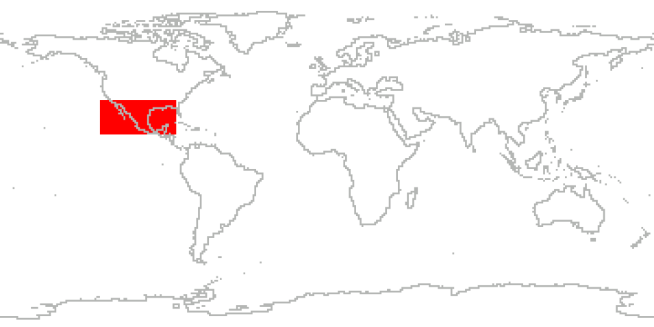 World map with the Pacific Ocean, Gulf of Mexico, highlighted in red.