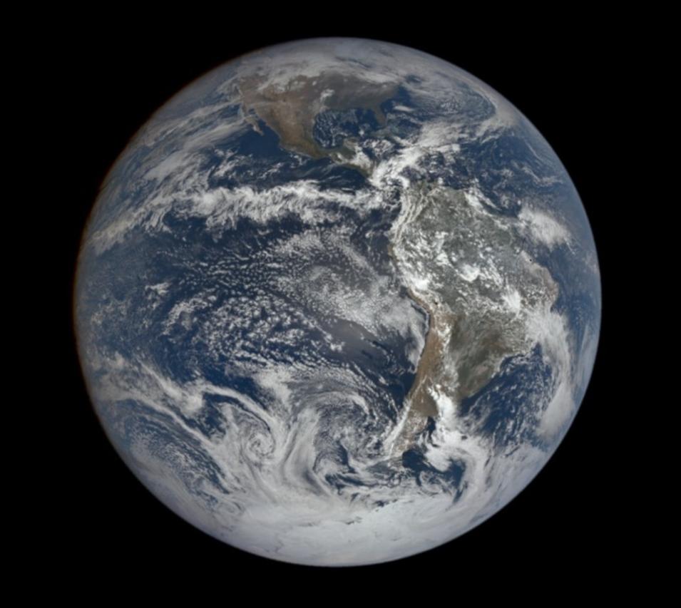 An image of Earth from the Earth Polychromatic Imaging Camera (EPIC) instrument aboard the Deep Space Climate Observatory (DSCOVR) satellite. 