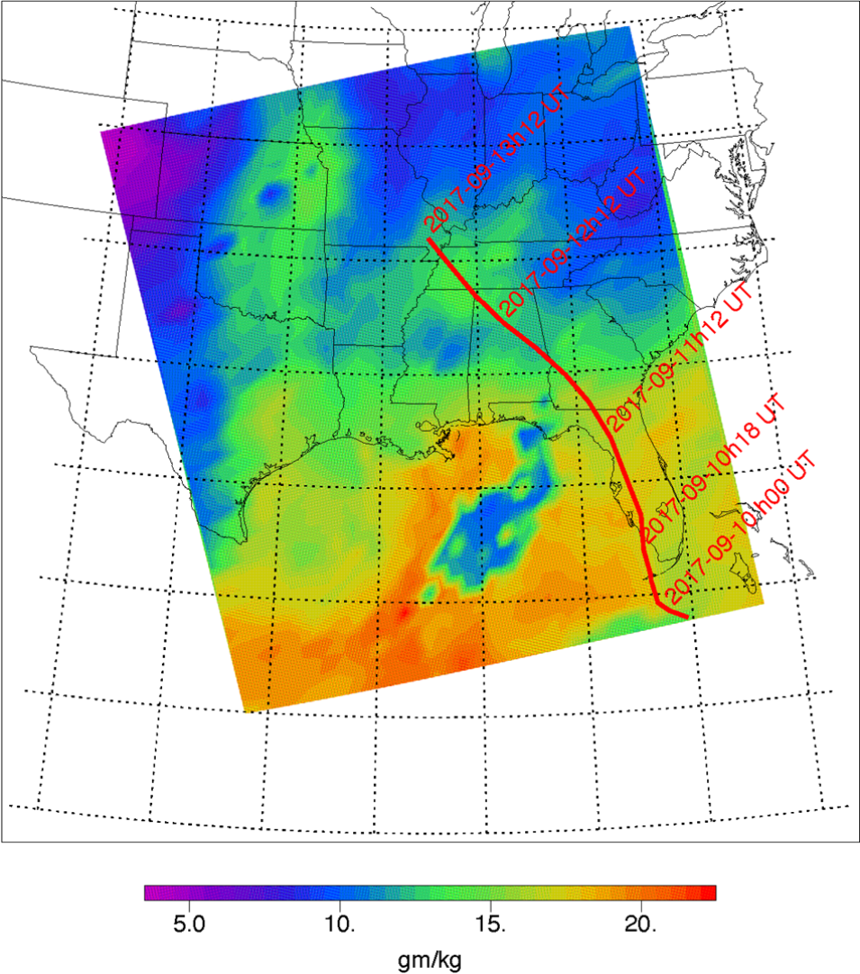 A visualization of near-surface specific humidity data over the southeastern United States on September 15, 2017 at 1900 UT. The data were derived from CrIS radiances on Suomi NPP satellite using the CLIMCAPS algorithm and the PLEV postprocessor. 