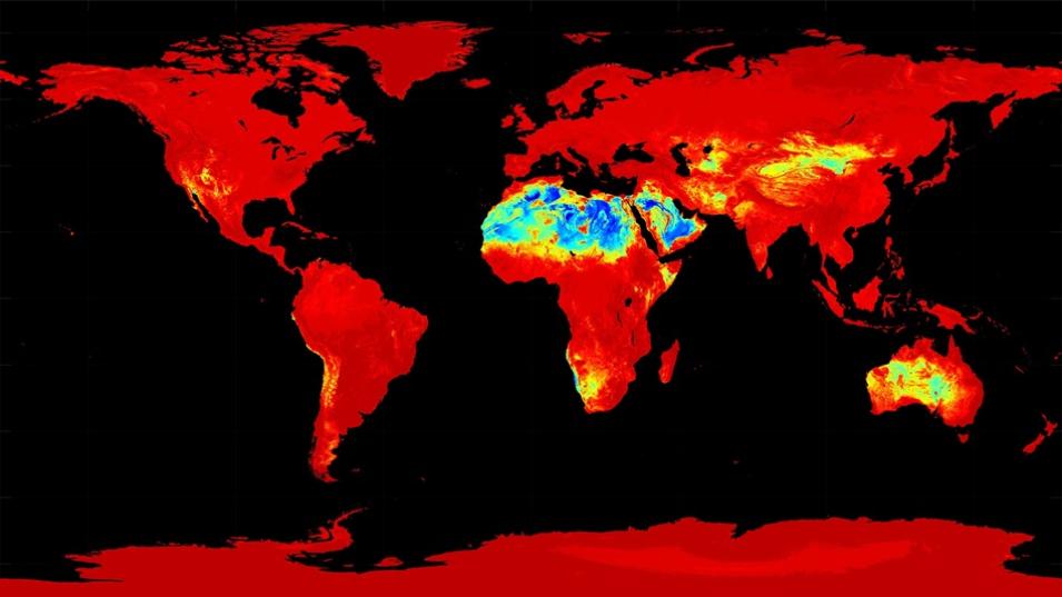 A visualization of data from the Combined ASTER and MODIS Emissivity database over Land (CAMEL) Emissivity Climatology Monthly Global 0.05Deg V003 data product. 