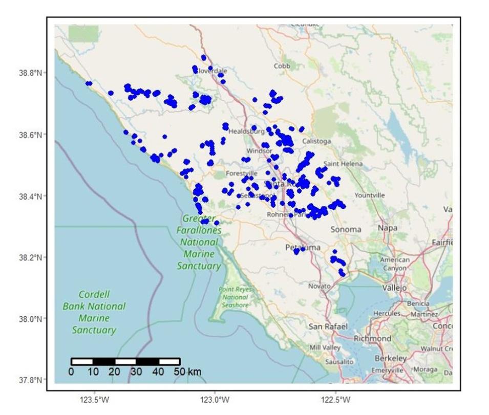 The blue dots shown in this image represent the locations of the study sites established for the Soundscapes to Landscapes citizen science project, which captured in situ landscape sound recordings throughout Sonoma County, California between 2017 and 2022.