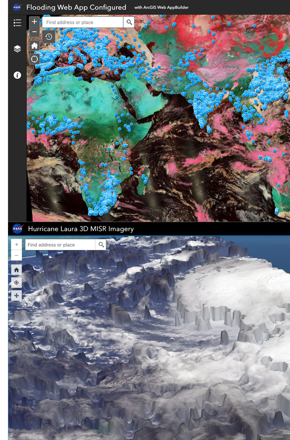image of ArcGIS Flood Mapper showing flood data points over Africa and Asia, below showing Hurricane Laura 3D data visualization