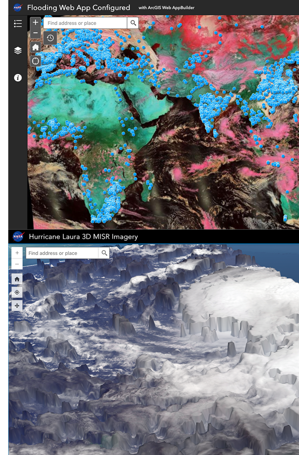 image of ArcGIS Flood Mapper showing flood data points over Africa and Asia